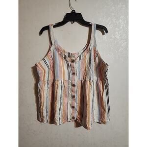 Terra & Sky Blue White Striped Button Down Women's Sleeveless Top 2X (20W-22W)